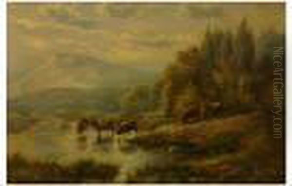 Wooded Mountain Scene With 
Highland Cattle 11Â½ X 17Â½ Inches. Gilt Mount With Broad Gilt Frame 20 X 
25 Inches Oil Painting by Edgar Longstaffe