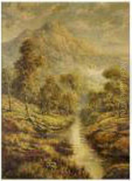 Wooded Mountain Scene With 
Stream. 16Â½ X 11Â½ Inches. Gilt Mount With Broad Gilt Frame 25 X 21 
Inches Oil Painting by Edgar Longstaffe