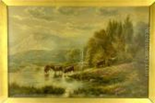 Wooded Mountain Scene With Highland Cattlescene Oil Painting by Edgar Longstaffe