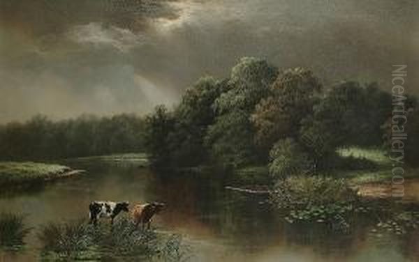 Cattle Watering In An Extensive River Landscape. Oil Painting by Edgar Longstaffe