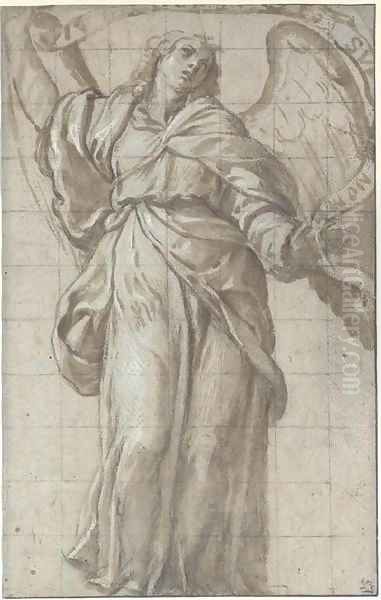 An angel looking up, holding a scroll Oil Painting by Domenico Caresana