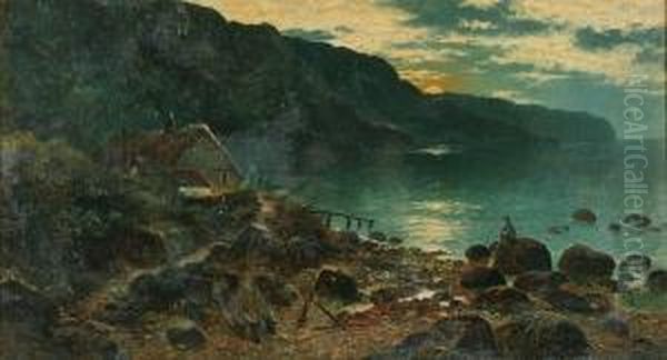 Coastal Landscape At Moonlight, 
With Cottage And Figure On The Shore, And Another: Fishing Boat Off The 
Coast Oil Painting by Edgar Longstaffe