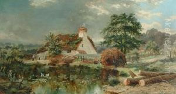 A Cottage By A Pond; A Figure Fishing In A Highland Landscape Oil Painting by Edgar Longstaffe