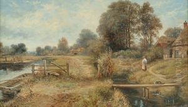 A Country Landscape With A Figure Outside A Cottage; & A Companion Oil Painting by Edgar Longstaffe