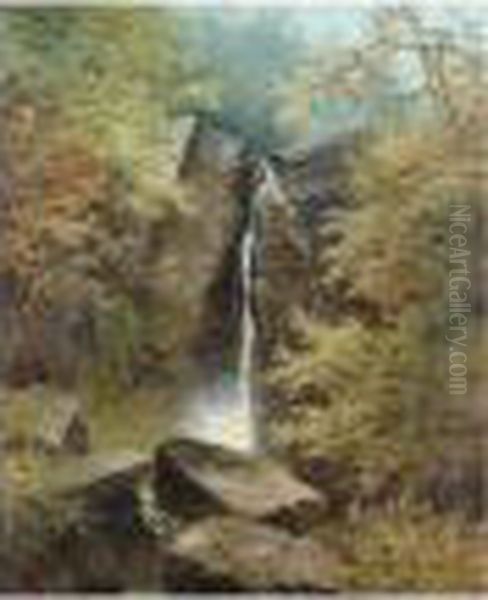 Waterfall On The River Hepste, South Wales Oil Painting by Edgar Longstaffe