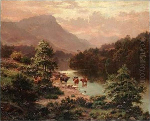 Cattle By A River Oil Painting by Edgar Longstaffe