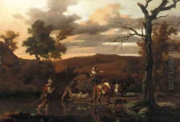 A river landscape with herdsmen, livestock and a cart by Isaack Croonenbergh