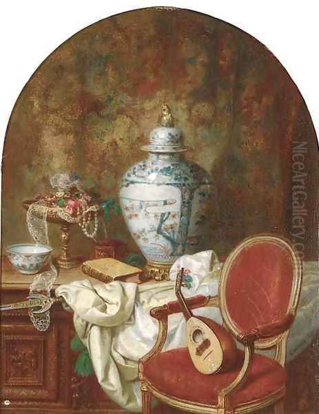 An oriental urn and other decorative objects on an oak coffer beside a mandolin on a chair Oil Painting by Jean Alexandre Remy Couder