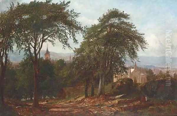 Figures seated by a wooded path, a valley town beyond Oil Painting by John Hall Craunston