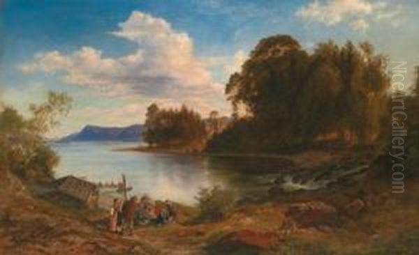 Paesaggio Con Lago E Capanna Di Pescator Oil Painting by Friedrich Loos