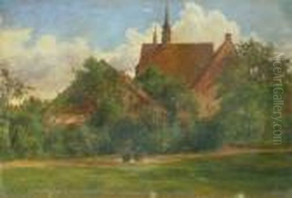 Zwei Truthahne Auf Einer Wiese Vor Einem Kloster. Oil Painting by Friedrich Loos