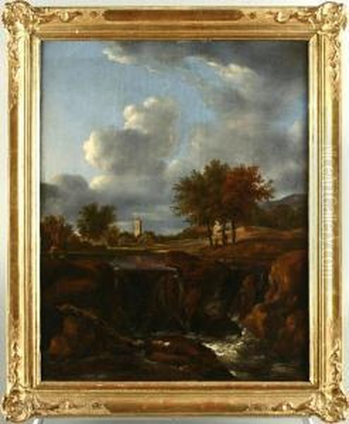 Landschaft Mit Einem Wasserfall Und Fernblick Auf Einen Kirchturm Oil Painting by Jan Looten