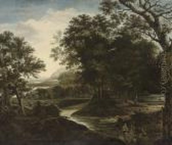 A Wooded River Landscape With A Traveller On A Track Oil Painting by Jan Looten