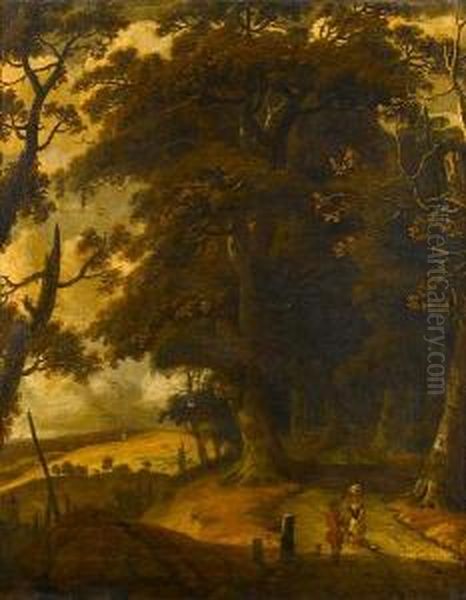 A Wooded Landscape With 
Travellers Conversingon A Hill, A Church Spire Beyond; And A Wooded 
Landscape Withtravellers On A Path, A Windmill Beyond Oil Painting by Jan Looten