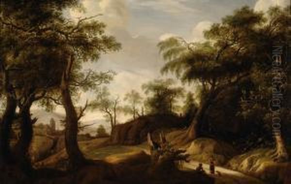 A Forest View With Figuresand A City In The Background Oil Painting by Jan Looten