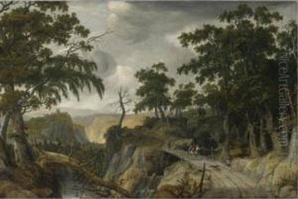 A Rocky Wooded River Landscape With Travelers Along A Path Oil Painting by Jan Looten