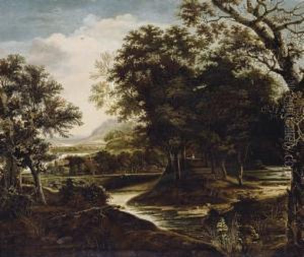 A Wooded River Landscape With A Traveller On A Path Oil Painting by Jan Looten