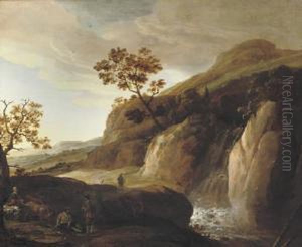 A Mountainous River Landscape With Travellers At Rest On A Bank, A Waterfall Beyond Oil Painting by Jan Looten