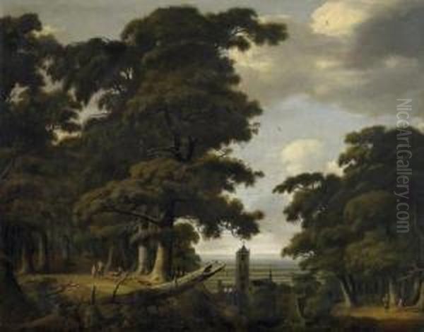 Landscape. View Through An Aisle
 In The Oak Forest On The Townscape With Church In Front Of A Wide Plane Oil Painting by Jan Looten