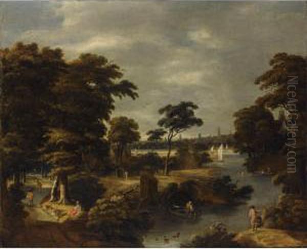 A Wooded River Landscape With 
Several Men Bathing, Travellers On A Path To The Left, A Fisherman In A 
Boat In The Foreground, A View Of A Town Beyond Oil Painting by Jan Looten