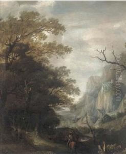 A Mountainous Landscape With A Horseman On A Wooded Track Oil Painting by Jan Looten