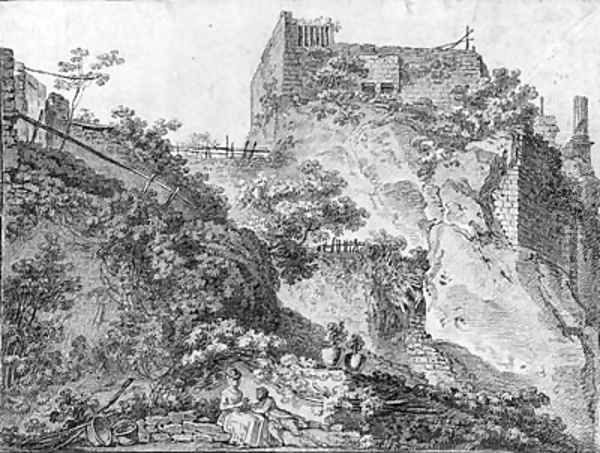 A mountainous landscape with a ruined castle, two figures in the foreground Oil Painting by Louis Chaix