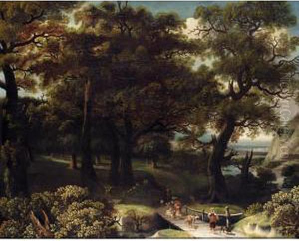 A Wooded Landscape With Drovers And Animals Crossing A Bridge Oil Painting by Jan Looten