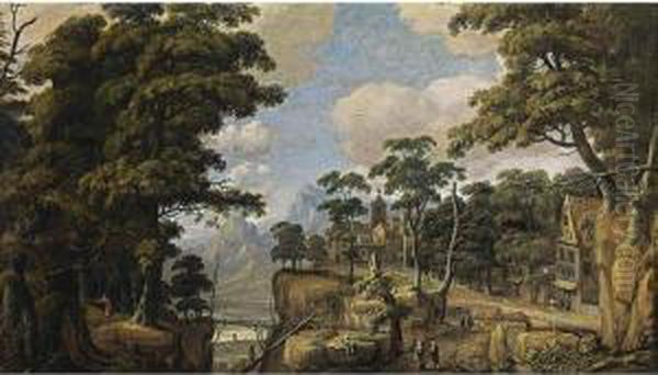 An Extensive Wooded Landscape 
With Huntsmen, Travellers Resting And Walking On Path, A City Nearby, 
And Mountains Beyond Oil Painting by Jan Looten