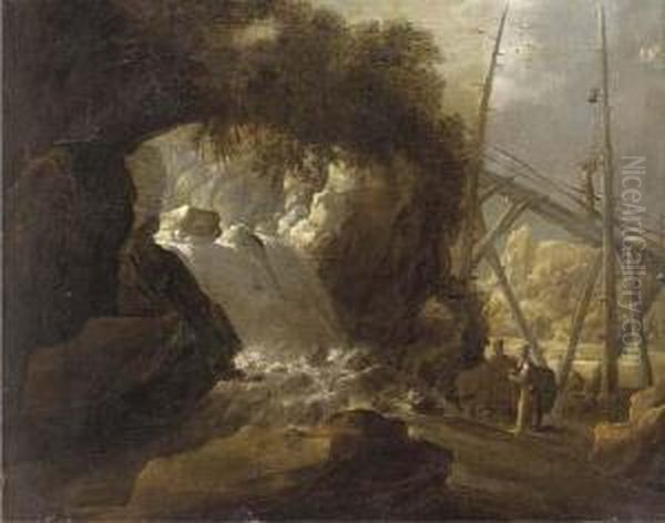 A River Landscape With Travellers By A Cascade Oil Painting by Jan Looten