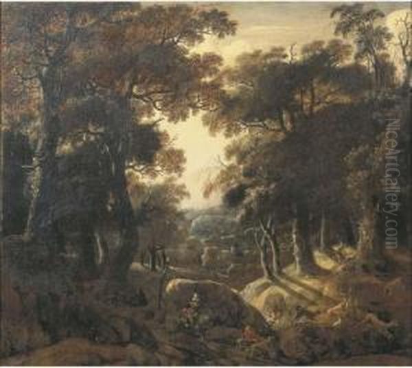 A Wooded Landscape At Dawn With A Stag Hunt Oil Painting by Jan Looten