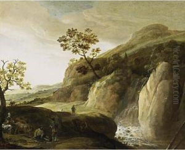 A Rocky River Landscape With Shepherds And Their Cattle Near A Waterfall Oil Painting by Jan Looten