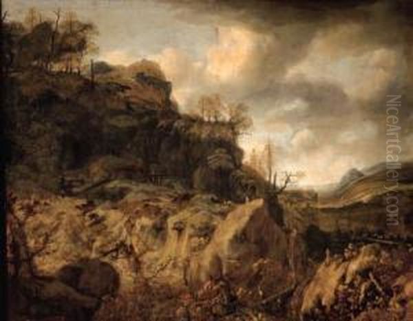 An Extensive Mountainous Landscape With A Huntsman And Travellerson A Path Beyond Oil Painting by Jan Looten