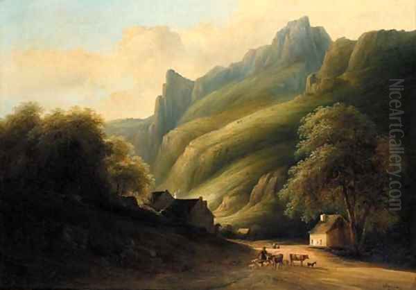 A drover with his livestock by a mountainside hamlet Oil Painting by Louis-Nicholas Chainbaux