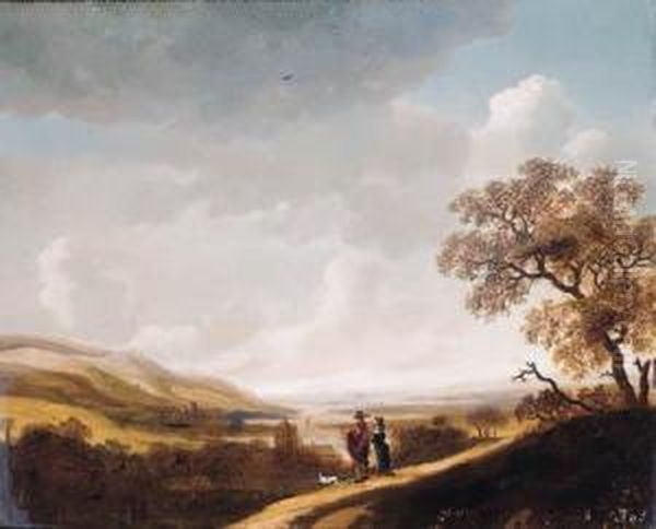 An Elegant Couple Standing Above A Valley Oil Painting by Jan Looten