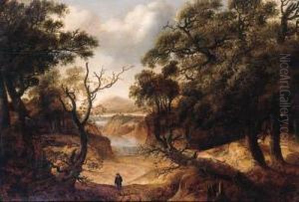 A Traveller On A Path In A Wood, A Waterfall Beyond Oil Painting by Jan Looten