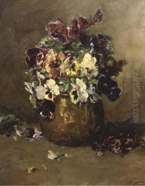 Violets In A Copper Pot Oil Painting by Baruch Lopez De Leao Laguna