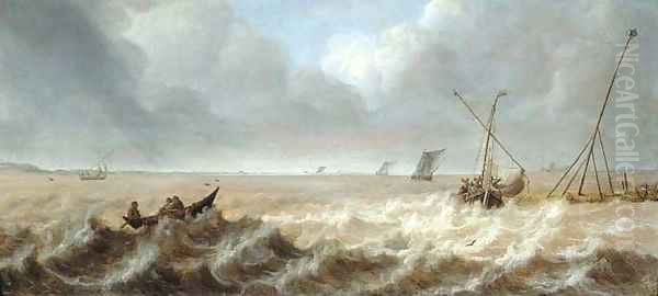 Shipping in a stiff breeze Oil Painting by Pieter Van Der Croos