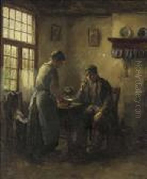 Peasants In A Kitchen Interior Oil Painting by Baruch Lopez De Leao Laguna