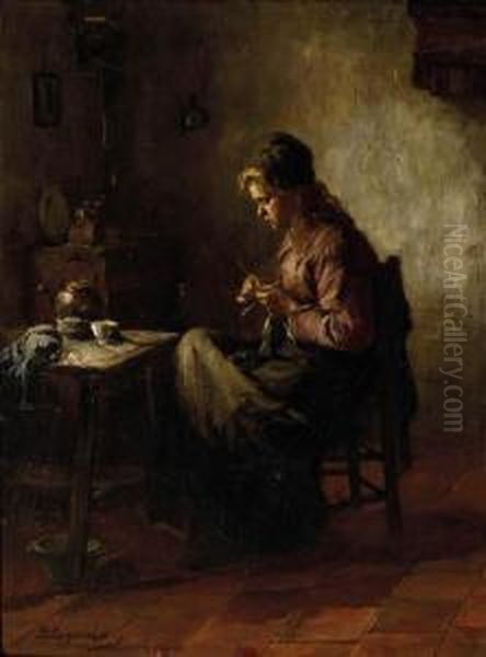 Interieur Met Breiend Meisje: Peasantgirl Knitting Oil Painting by Baruch Lopez De Leao Laguna