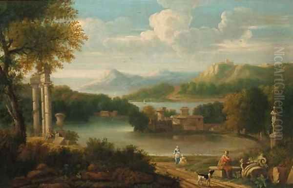 Figures resting before a lake in an Italianate landscape Oil Painting by Robert Crone