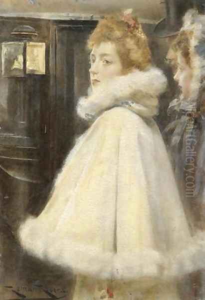 Lady with a Fur Coat (Joven con capa) Oil Painting by Roman Ribera Cirera