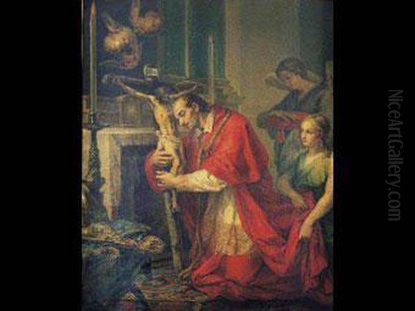 San Carlos Borromeo Adorando La Cruz Oil Painting by Vicente Lopez y Portana