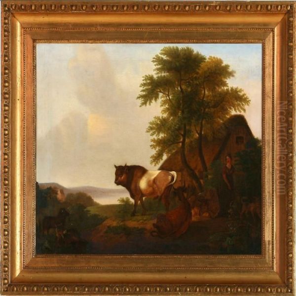 Woman And Animals At A Cottage Oil Painting by Christian August Lorentzen