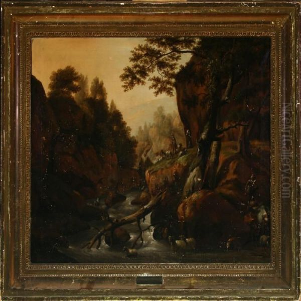 Mountain Scenery With Shepherds By A River Oil Painting by Christian August Lorentzen