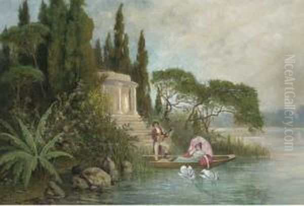 Lovers By The Side Of A Lake, A Classical Temple Beyond Oil Painting by Carl Lorenz