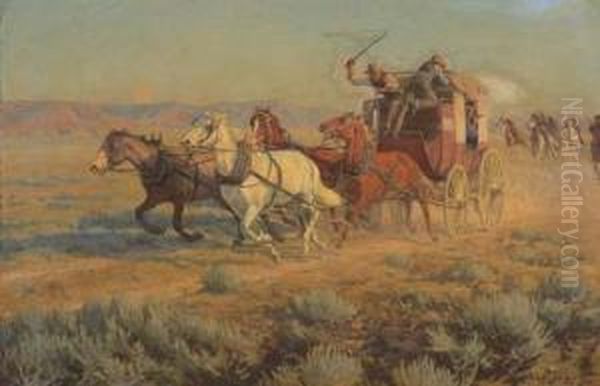 Stagecoach Pursued By Mounted Indians Oil Painting by Richard Lorenz