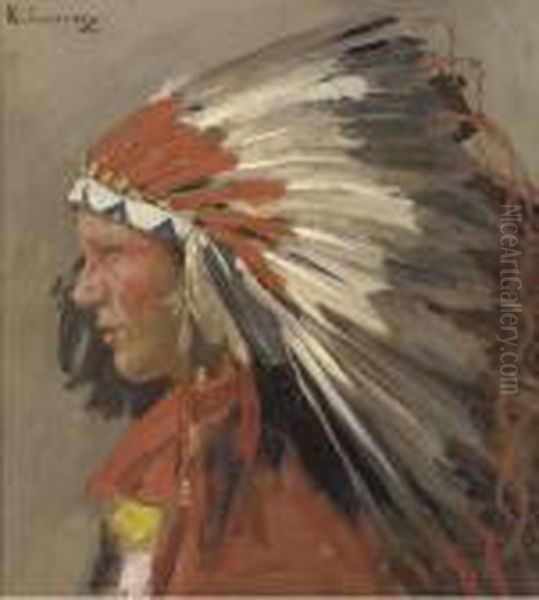 Profile Of An Indian Chief With Headdress Oil Painting by Richard Lorenz