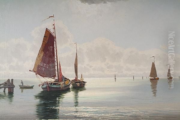 Sailing Barges And A Fishing Fleet Putting Outto Sea Oil Painting by Ernst Lorenz-Murowana