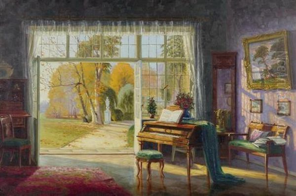 Interieur Mit Klavier Und Sicht In Den Garten. Oil Painting by Ernst Lorenz-Murowana