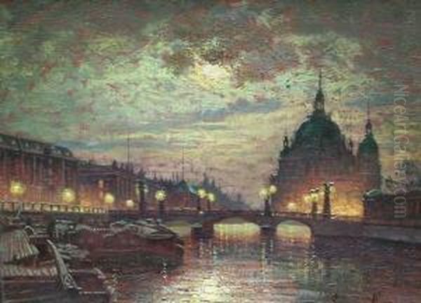 Blick Uber Die Friedrichsbrucke Auf Den Berliner Dom, Nachtlich Beleuchtet Oil Painting by Ernst Lorenz-Murowana